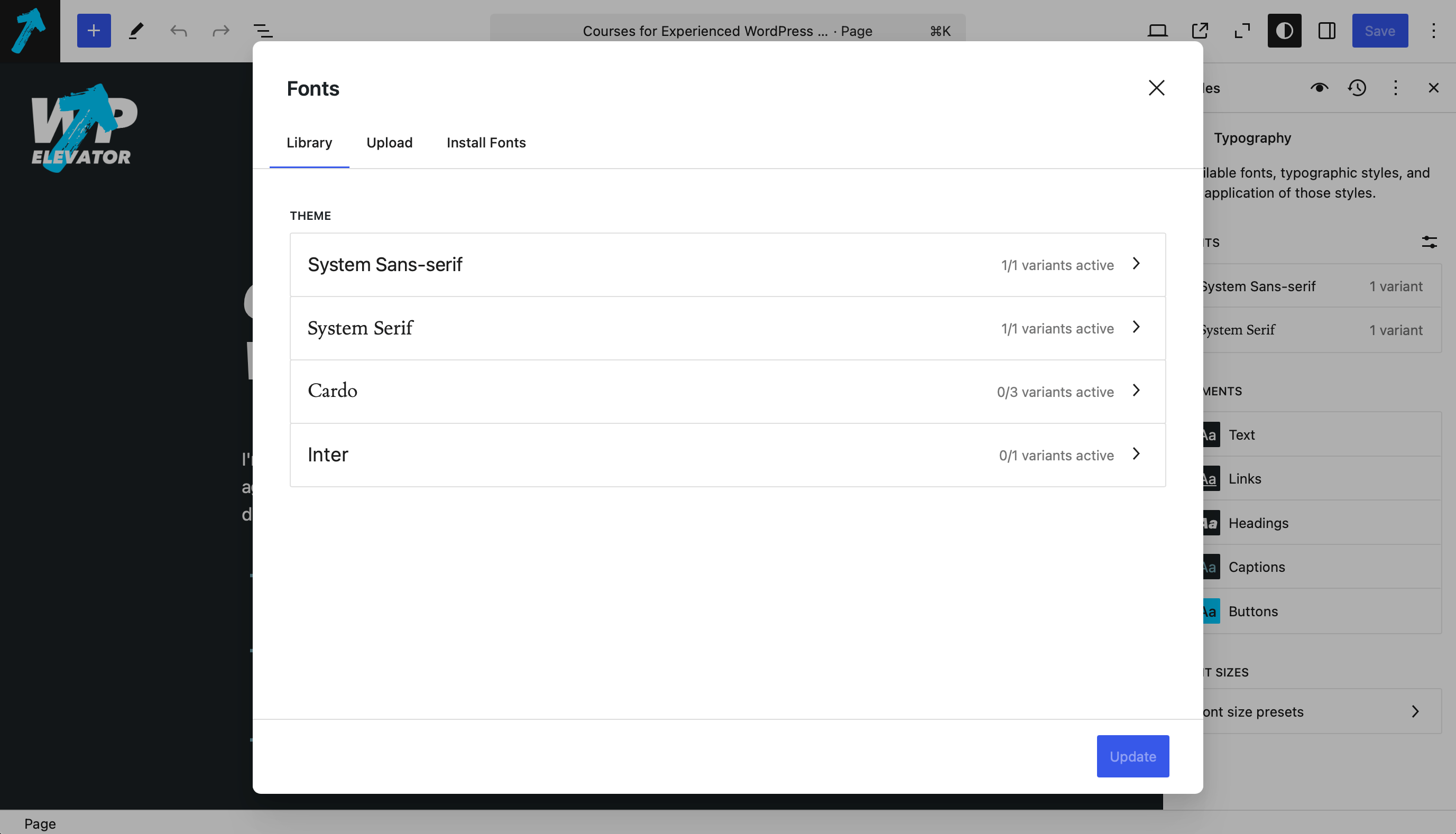 Font library interface in WordPress block theme style editor