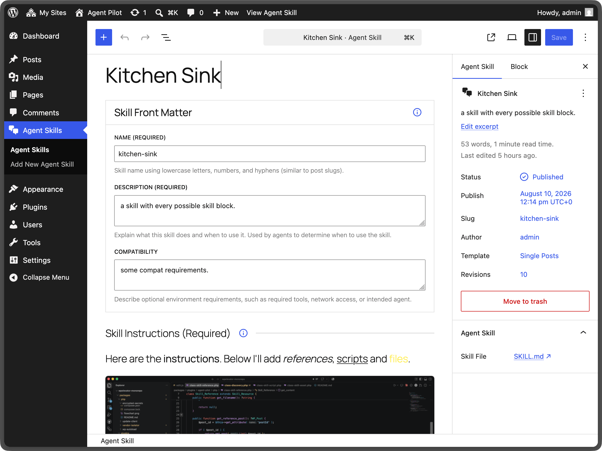 Agent skill editor using WordPress blocks and Agent Pilot plugin