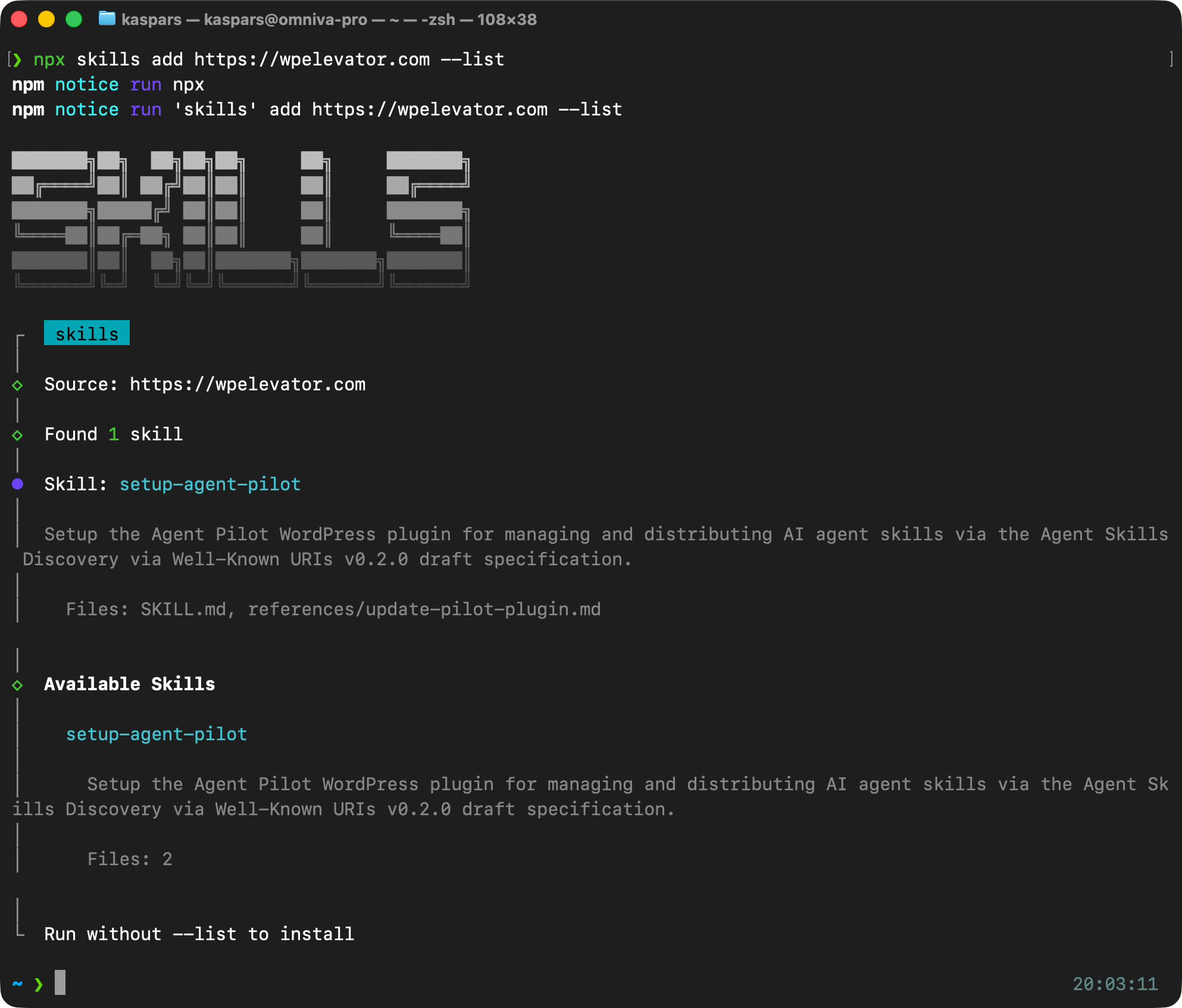Install agent skills from a WordPress site running the Agent Pilot plugin