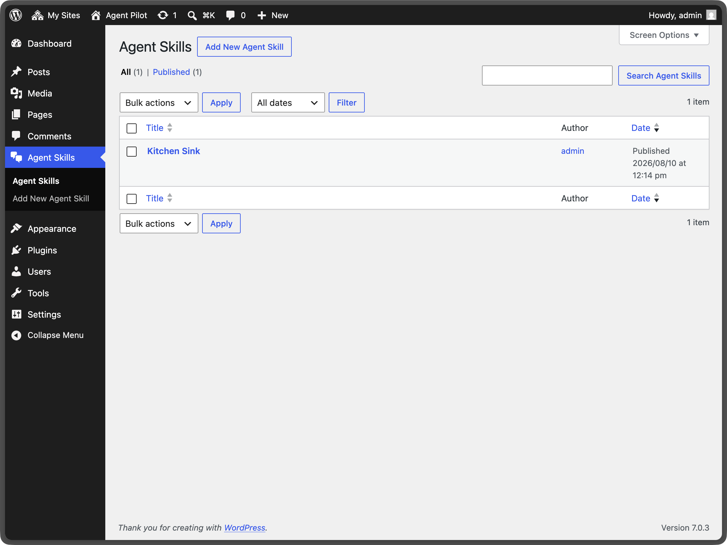 Agent skills stored as custom posts in WordPress